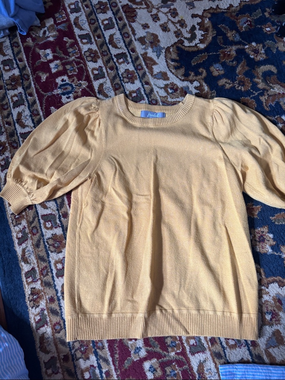 Marled Mustard Puff Sleeve Short Sleeve Top